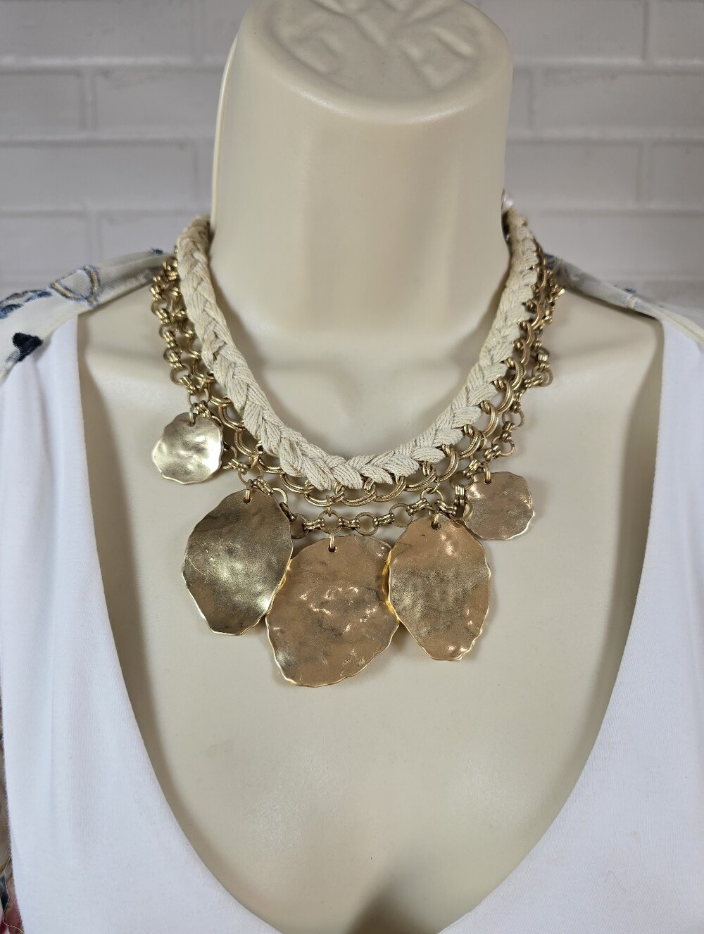 Chicos Gold Tone Coin Statement Bib Necklace with Cream Braided Rope